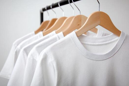 Several white cotton t-shirts are neatly hanging on a wooden rack against a plain wall. The simple design creates a clean, organized look suitable for display photo