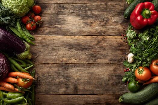 Fresh green and red vegetables with vibrant colors are arranged on a rustic wooden table. This display highlights healthy eating and meal preparation photo