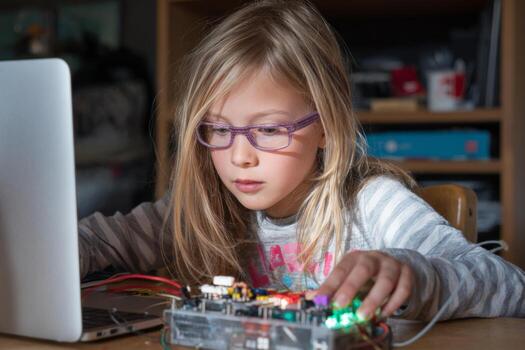 A young girl with glasses is intensely working on coding at home. She is focused on a circuit board connected to a laptop. Bright lights illuminate her workspace photo