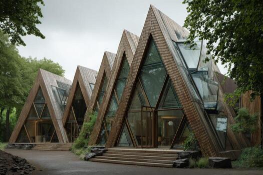 Modern triangular buildings made of wood and glass stand amidst lush trees. The design features sharp angles and large windows that reflect the natural surroundings photo