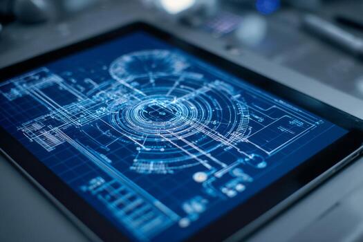 A detailed blueprint design appears on a tablet screen in a modern workspace. The design displays complex technical elements with bright blue lines on a dark background photo