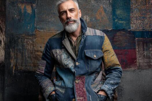 A man with a gray beard stands confidently with his hands in his pockets. He wears a unique jacket made of various colorful fabrics, set against a textured background photo