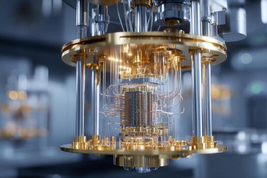 A close-up view of a quantum computer showcasing its detailed and delicate components. The luminous wires and gold structures reflect innovation in technology photo