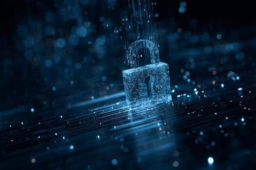 A digital lock stands solitary amidst a torrent of glowing data particles, representing the concept of online security. The scene conveys a futuristic atmosphere of technology and protection photo