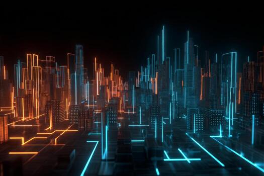 This scene displays a stunning futuristic cityscape, filled with high-tech buildings illuminated by colorful neon lights. The vibrant glow highlights intricate designs and advanced structures photo