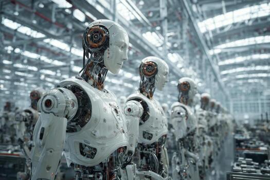 A row of humanoid robots stands in a high-tech manufacturing facility, featuring intricate designs and visible mechanical components. Bright lights illuminate the space photo