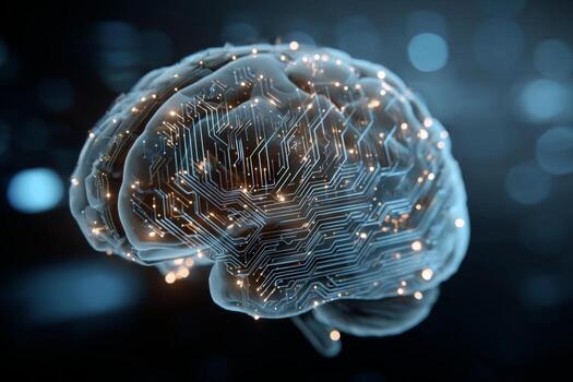 A digital brain visualization showcases intricate circuit patterns and glowing connections. This artwork represents the fusion of neuroscience and technology, highlighting innovation photo