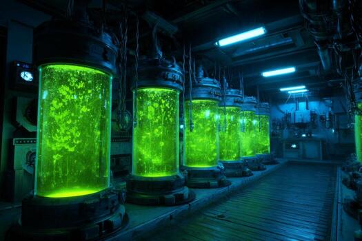 Tall glass containers filled with glowing green liquid are lined up in a dimly lit laboratory. The bright colors create an eerie atmosphere, highlighting advanced equipment in the background photo