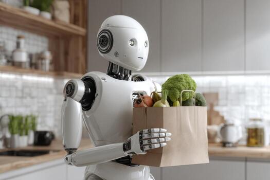 In a contemporary kitchen, a humanoid robot holds a paper bag filled with fresh vegetables and fruit. The robot stands ready to assist with meal preparation in this smart home environment photo