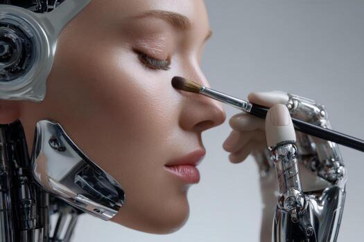 A metallic robotic hand holds a makeup brush, gently applying color to a smooth, synthetic face. The setting shows advanced technology blending with beauty, creating a unique scene photo