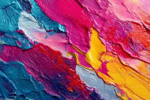 This artwork displays a dynamic blend of bright pink, blue, yellow, and other colors. The textures and strokes create an engaging visual that showcases the artists creative process photo
