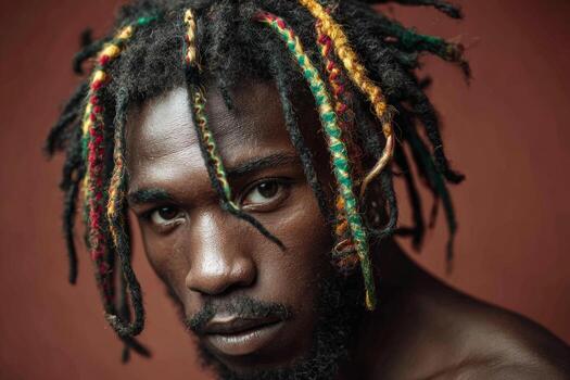 A young black man poses confidently, displaying vibrant dreadlocks with various colors. His intense gaze captures attention, emphasizing personal expression and unique style photo