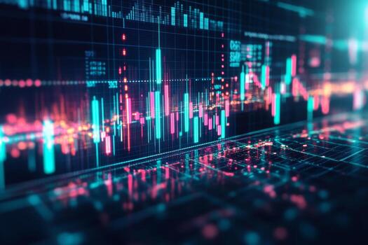This visual presents a glowing candlestick chart representing stock market trends. The futuristic design highlights trading activities using vibrant colors in high detail photo