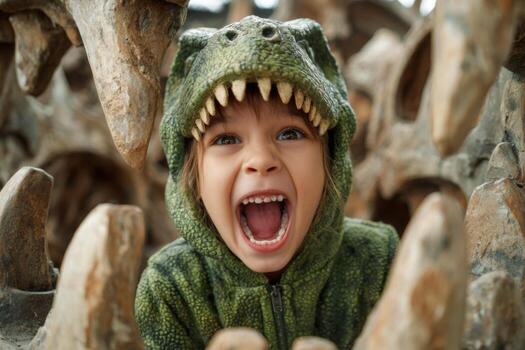 A child wearing a dinosaur costume joyfully roars, surrounded by dinosaur bones at a museum. The scene captures the excitement of a fun day exploring paleontology photo