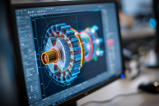 Close-up of a computer screen displays advanced 3D modeling software featuring a rotating wireframe of an intricate mechanical part. The work area is well-lit and organized photo