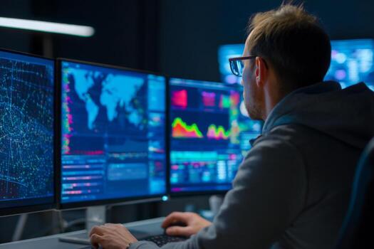 A data analyst is focused on his work during nighttime, seated in front of several monitors filled with various graphs, data patterns, and a world map, emphasizing intense analysis photo