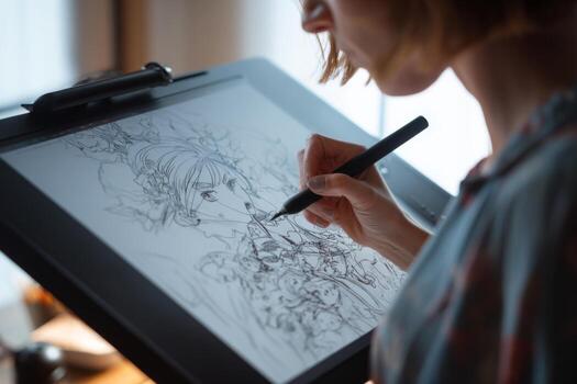 A young artist focuses intently while sketching intricate designs on a digital tablet. The warm afternoon light fills the home studio, enhancing creativity and inspiration photo