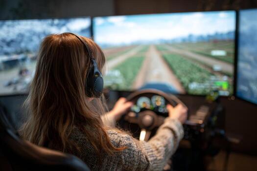 A person is immersed in a farming simulation game, wearing headphones and operating a steering wheel setup while seated in a gaming chair. The multiple screens display lush farmland photo