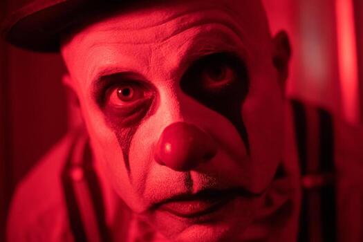 A clown with bold makeup featuring a red nose and dark eyes stares intensely at the camera. The scene is illuminated by a warm red light, creating a dramatic atmosphere photo