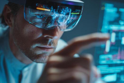 A focused individual uses smart glasses to analyze colorful digital graphs on a touchscreen display in an advanced tech environment. It is night and the workspace is illuminated by screens photo