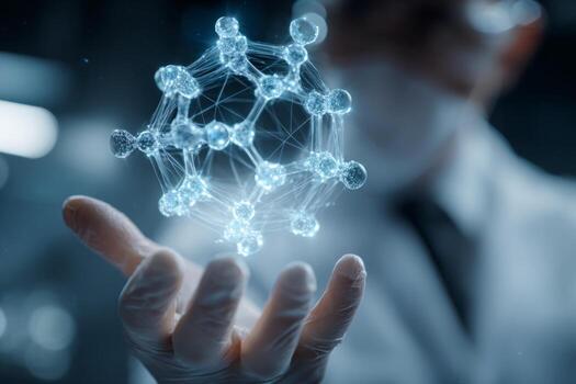 Scientist in a laboratory holds a glowing molecular structure in hand. The scene depicts advanced research focused on molecular interactions in a modern scientific environment photo
