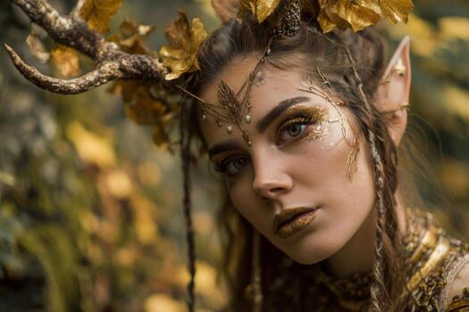 A captivating character with antlers and golden accents stands in a vibrant forest. The serene atmosphere and delicate features create a magical moment amidst colorful foliage photo
