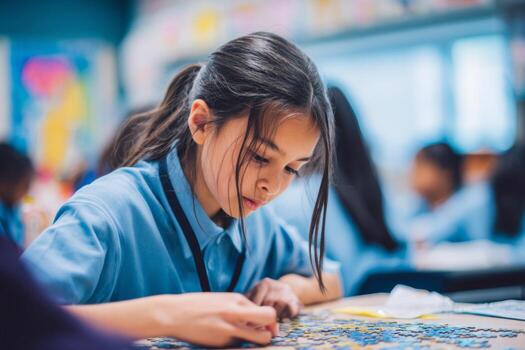 A girl with long hair is concentrating intently on assembling a colorful jigsaw puzzle in a lively classroom filled with students. She is wearing a blue shirt and appears engaged in her task photo