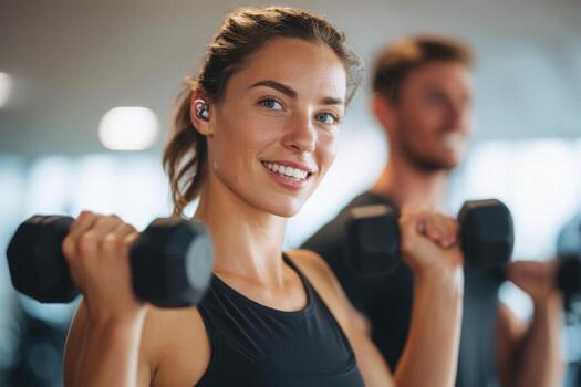 A woman is lifting dumbbells and smiling while exercising in a modern gym. A man is working out behind her, creating an energetic atmosphere during their fitness session photo