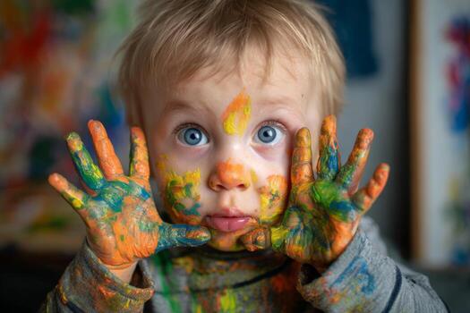 A young child expresses creativity covered in bright colors on their hands and face while playing in an art space filled with various creative supplies and artworks photo