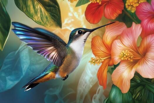 A hummingbird is seen hovering near colorful tropical flowers, showcasing its iridescent feathers and intricate wing patterns. The scene features vibrant colors and directional lighting photo