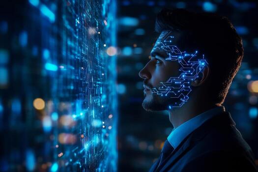 A side profile of a business man gazes thoughtfully at a futuristic display showing advanced technology and AI. The scene captures a dark blue ambiance emphasizing innovation photo