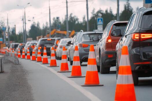 A long queue of cars is stuck in traffic on a city street, marked with orange traffic cones. The scene captures the sunset light and hints at road work ahead, creating a busy atmosphere photo