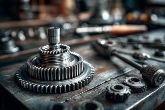 A close-up view showcases a detailed cog and gear assembly resting on a workstation. Surrounding tools add to the industrial atmosphere, reflecting precision craftsmanship in action photo