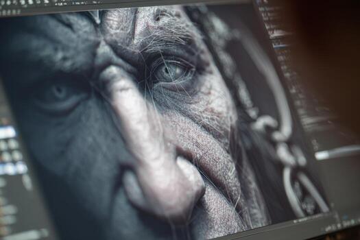 A close-up view of a digital artists screen showcasing a highly detailed 3D character model. The intricate features and textures are clearly visible, enhancing the overall realism of the design photo