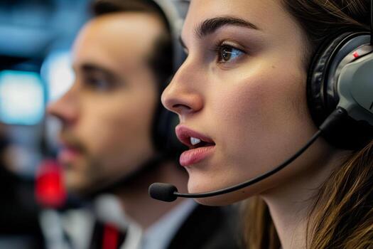 In a high-resolution control center, a flight attendant communicates with a pilot using headsets. Her focused expression reflects the importance of coordination during flight operations photo