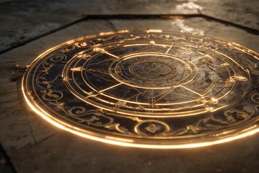 Close-up view of a glowing spell circle featuring detailed symbols and patterns. The circle emanates mystical energy, illuminating its surroundings photo
