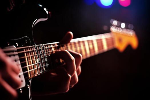 A guitarist strums the strings of an electric guitar, captured in a close-up. The dark background enhances vibrant stage lights, creating an energetic concert atmosphere photo
