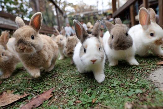 A group of children happily plays with therapy rabbits in a lush garden. The rabbits hop around as kids pet and cuddle them, creating a joyful atmosphere filled with smiles photo