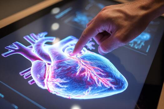 Close-up view shows a hand adjusting a 3D model of a human heart on a touchscreen. The realistic rendering highlights anatomical features and vascular structures photo