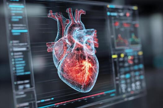 Close-up view of a high-tech medical workstation showcasing a detailed 3D model of a human heart created from CT scans. The digital display presents intricate anatomical features in 8K resolution photo