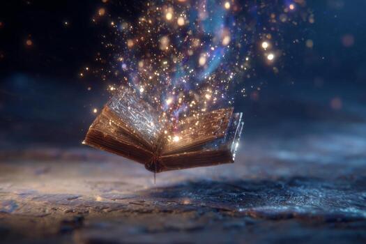 A mystical spellbook hovers above the ground, its luminous pages turning autonomously while shimmering lights surround it, creating an enchanting atmosphere photo