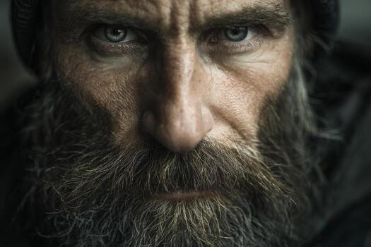 A rugged man with a dense beard and intense eyes gazes directly at the viewer. Natural lighting enhances the details of his expression, creating a striking visual impact photo