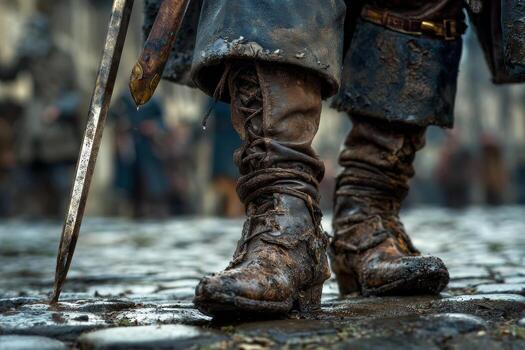 A musketeers boots are covered in mud as he stands on a cobblestone street, the tip of his rapier resting on the ground, evoking a vivid sense of historical ambiance and adventure photo
