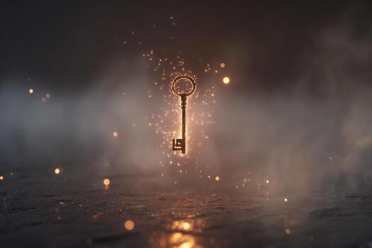 A mystical key hovers in the air, surrounded by glowing sparks and a veil of faint mist, creating an enchanting atmosphere reminiscent of fantasy tales photo