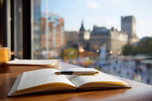 A close-up view of an open notebook and a pen resting on a cafe table. An unfinished letter awaits completion, with a blurred cityscape visible through the window bathed in soft daylight photo