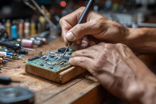 Hands carefully assemble a partially built circuit board using precision tools on a cluttered workbench. The environment reflects a dedicated workshop atmosphere, showcasing intricate details photo