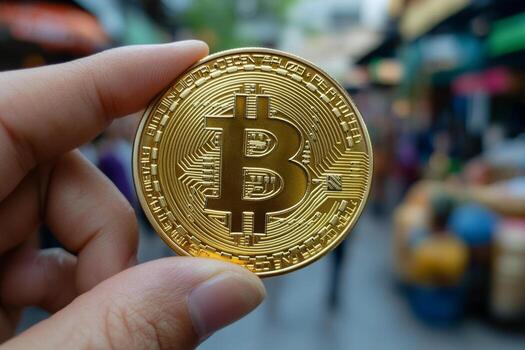 A person is holding a shiny Bitcoin coin in a bustling marketplace filled with vendors and shoppers. This moment represents the intersection of digital currency and global trade in everyday life photo