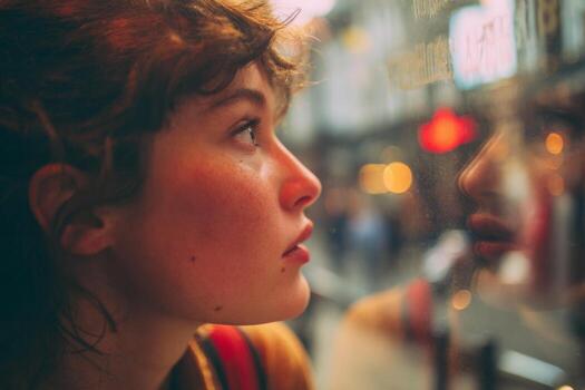 Close-up of an individual deeply engaged in their reflection in a shop window. The vibrant city life buzzes softly in the background, creating a contrast of stillness and movement photo