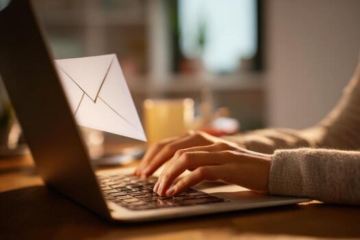 In a calm home office, a person focuses on typing a heartfelt email on a laptop as warm natural light filters through the window, creating an intimate space for reflection and expression photo