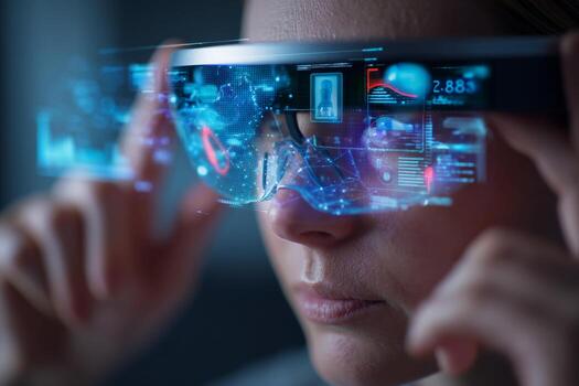 A person engages with 3D data visualizations while wearing augmented reality glasses. The focus is on the intricate details of the visualizations appearing before their eyes photo